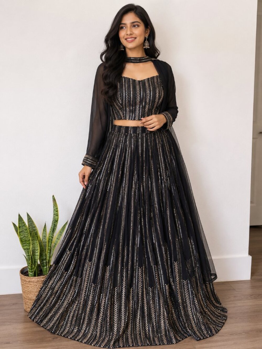 Navy Blue & Gold Embroidered Lehenga Set with Sheer Jacket | Indian Party Wear